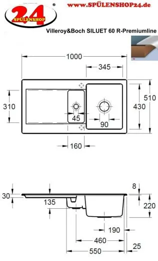 Villeroy & Boch SILUET 60 R-Premiumline Einbausple / Keramiksple aus TitanCeram in Sonder Farben