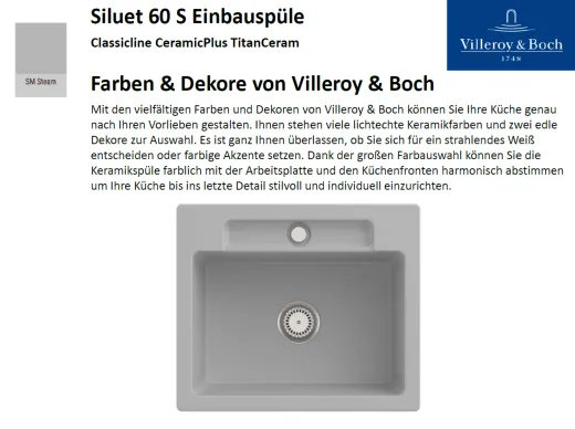 Villeroy & Boch SILUET 60 S-Classicline Einbausple / Keramiksple aus TitanCeram in Standard Farben