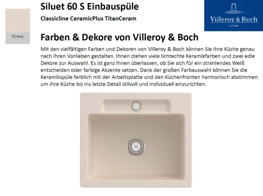 Villeroy & Boch SILUET 60 S-Classicline Einbausple / Keramiksple aus TitanCeram in Standard Farben