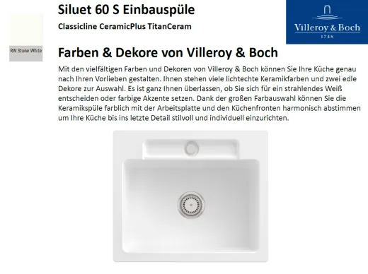 Villeroy & Boch SILUET 60 S-Classicline Einbausple / Keramiksple aus TitanCeram in Standard Farben