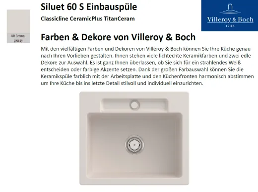 Villeroy & Boch SILUET 60 S-Classicline Einbausple / Keramiksple aus TitanCeram in Standard Farben