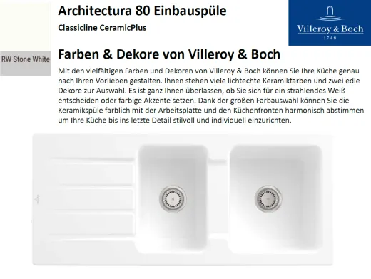 Villeroy & Boch ARCHITECTURA 80-Classicline Einbausple / Keramiksple in Standard Farben