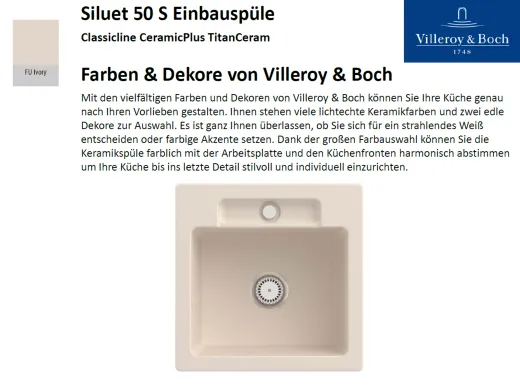 Villeroy & Boch SILUET 50 S-Classicline Einbausple / Keramiksple aus TitanCeram in Standard Farben