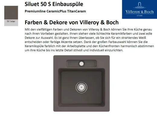 Villeroy & Boch SILUET 50 S-Premiumline Einbausple / Keramiksple aus TitanCeram in Sonder Farben