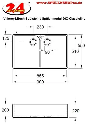 Villeroy & Boch Splstein / Splmodul Doppelbecken 90X-Classicline Keramiksple in Standard Farben