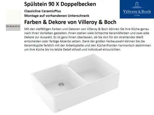 Villeroy & Boch Splstein / Splmodul Doppelbecken 90X-Classicline Keramiksple in Standard Farben