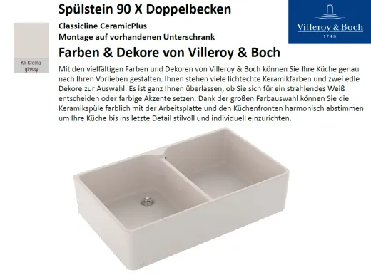 Villeroy & Boch Splstein / Splmodul Doppelbecken 90X-Classicline Keramiksple in Standard Farben