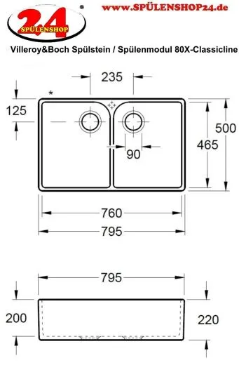 Villeroy & Boch Splstein / Splmodul Doppelbecken 80X-Classicline Keramiksple in Standard Farben