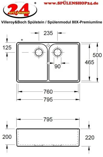 Villeroy & Boch Splstein / Splmodul Doppelbecken 80X-Premiumline Keramiksple in Sonder Farbe