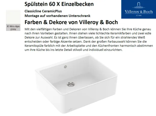 Villeroy & Boch Splstein / Splmodul Einzelbecken 60X-Classicline Keramiksple in Standard Farben