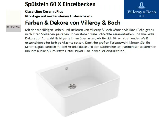 Villeroy & Boch Splstein / Splmodul Einzelbecken 60X-Classicline Keramiksple in Standard Farben