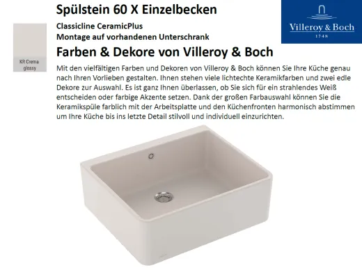 Villeroy & Boch Splstein / Splmodul Einzelbecken 60X-Classicline Keramiksple in Standard Farben