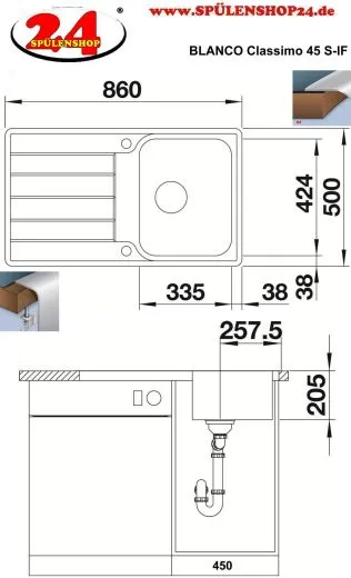 BLANCO Kchensple Classimo 45 S-IF Edelstahlsple / Einbausple Flachrand mit Ablaufsystem InFino und PushControl