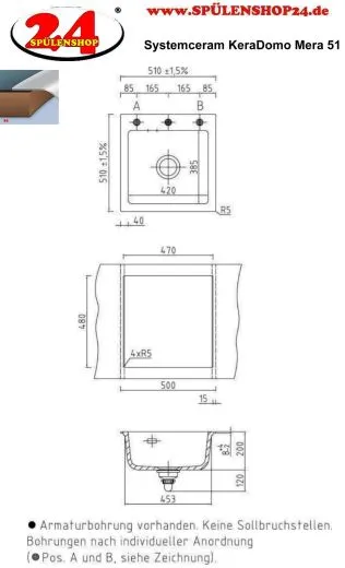 Systemceram KeraDomo MERA 51-BASIC Keramiksple / Einbausple in Standardfarben fr die Kche