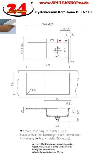 Systemceram KeraDomo BELA 100 Basic Keramiksple / Einbausple in Standardfarben fr die Kche