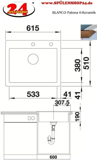 ✅ BLANCO Palona 6-Keramik Einbausple / Keramiksple mit Zugexcenter Farbe Kristallweiss glnzend