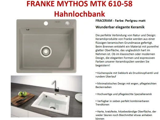 ✅ FRANKE Kchensple Mythos MTK 610-58-Keramik Fraceram Einbausple / Keramiksple Farbe Perlgrau
