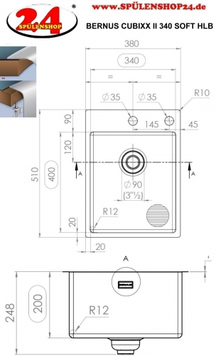 {Lager} BERNUS CUBIXX II 340 SOFT HLB Küchenspüle / Edelstahlspüle mit Flachrand Siebkorb als Druckknopfventil
