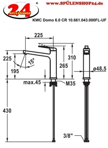 KWC Kchenarmatur Domo 6.0 10.661.043.000FL Einhebelmischer Chrom mit Festauslauf fr Unterfenstermontage (124920)