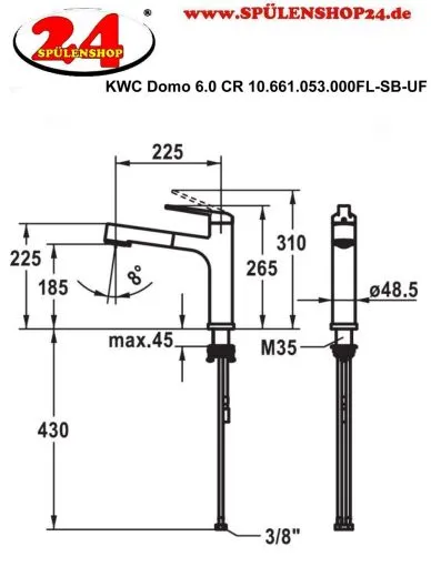 KWC Kchenarmatur Domo 6.0 10.661.053.000FL Einhebelmischer Chrom mit Zugauslauf fr Unterfenstermontage (124923)