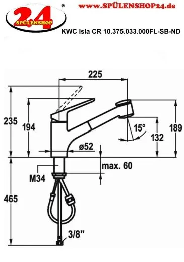 KWC Kchenarmatur Isla 10.375.033.000FL Einhebelmischer Chrom mit Zugauslauf und Brausefunktion Niederdruck (10375033000FL)