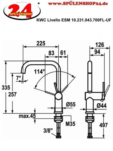 KWC Kchenarmatur Livello 10.231.043.700FL Einhebelmischer Edelstahl massiv mit Festauslauf Vorfenstermontage (123115)
