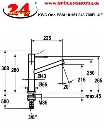 KWC Kchenarmatur Ono 10.151.043.700FL Einhebelmischer Edelstahl massiv mit Festauslauf Vorfenstermontage (123113)