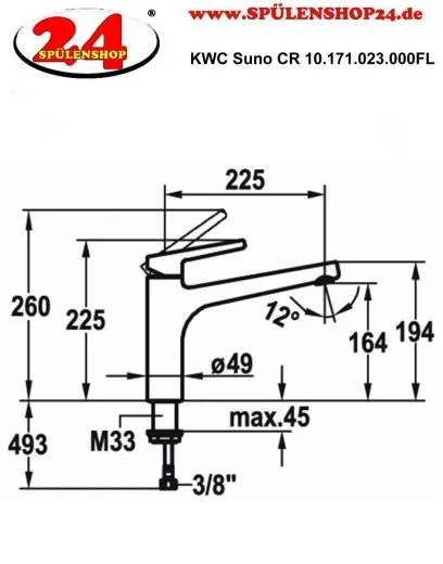 KWC Kchenarmatur Suno 10.171.023.000FL Einhebelmischer Chrom mit Festauslauf (123952)