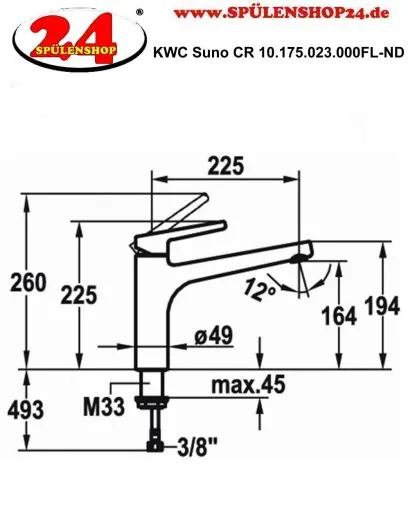 KWC Kchenarmatur Suno 10.175.023.000FL Einhebelmischer Chrom mit Festauslauf Niederdruck (123954)