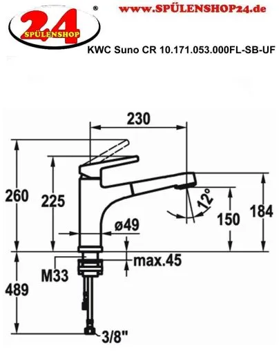KWC K�chenarmatur Suno 10.171.043.000FL Einhebelmischer Chrom mit Festauslauf Vorfenstermontage (123955)