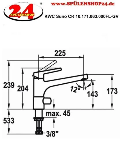 KWC Kchenarmatur Suno 10.171.063.000FL Einhebelmischer Chrom mit Festauslauf mit Gerteabsperrventil (123956)