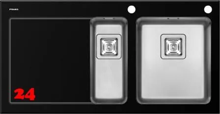 Pyramis Kchensple Crystalon (100x52) 1 1/2B 1D Schwarz RH Kombination aus Sicherheitsglas und Edelstahlbecken