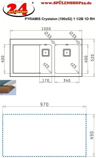 Pyramis Kchensple Crystalon (100x52) 1 1/2B 1D Schwarz RH Kombination aus Sicherheitsglas und Edelstahlbecken