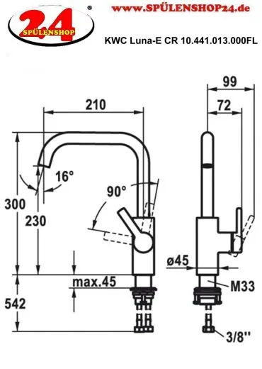 KWC Kchenarmatur Luna-E 10.441.013.000FL Einhebelmischer Chrom mit Festauslauf (125131)