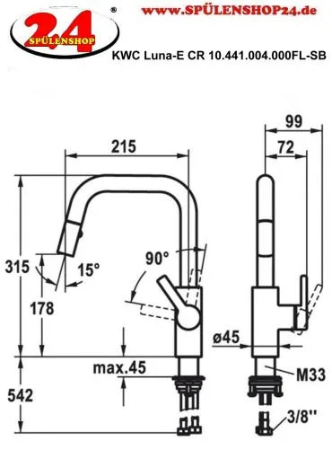 KWC Kchenarmatur Luna-E 10.441.004.000FL Einhebelmischer Chrom mit Zugauslauf und Brausefunktion Griffposition rechts (125133)