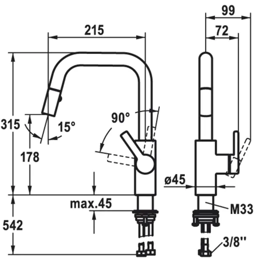 KWC Kchenarmatur Luna-E 10.441.004.000FL Einhebelmischer Chrom mit Zugauslauf und Brausefunktion Griffposition rechts (125133)