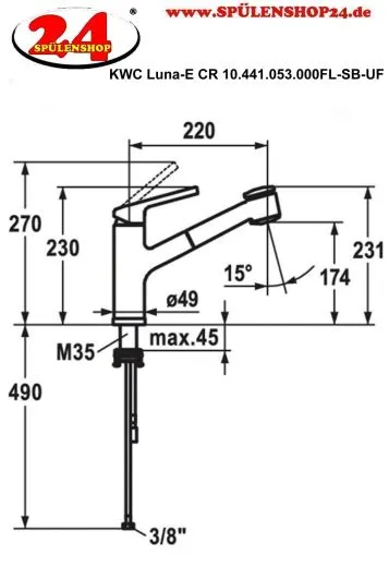 KWC Kchenarmatur Luna-E 10.441.053.000FL Einhebelmischer Chrom mit Zugauslauf Unterfenstermontage (125136)
