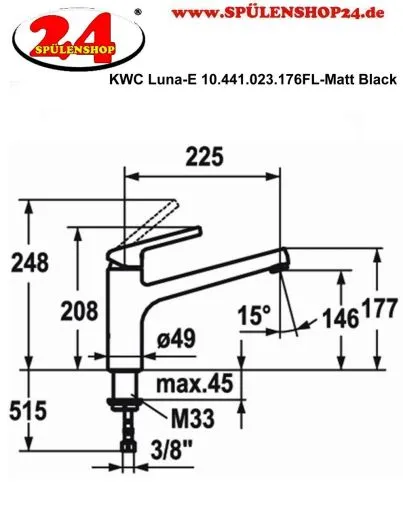 KWC Kchenarmatur Luna-E 10.441.023.176FL Einhebelmischer Matt Black mit Festauslauf (124748)