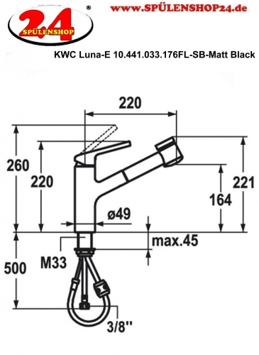 KWC Kchenarmatur Luna-E 10.441.033.176FL Einhebelmischer Matt Black mit Zugauslauf und Brausefunktion