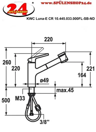 KWC Kchenarmatur Luna-E 10.445.033.000FL Einhebelmischer Chrom mit Zugauslauf und Brausefunktion Niederdruck (125138)