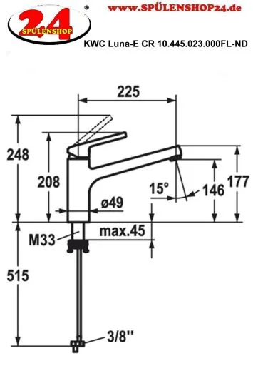 KWC Kchenarmatur Luna-E 10.445.023.000FL Einhebelmischer Chrom mit Festauslauf Niederdruck (125137)