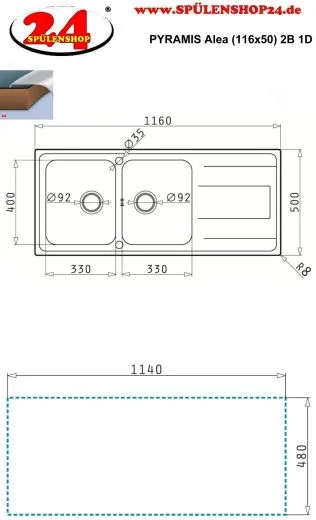 PYRAMIS Kchensple Alea (116x50) 2B 1D Einbausple / Doppelsple Siebkorb als Drehknopfventil