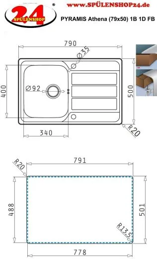 PYRAMIS Kchensple Athena (79x50) 1B 1D FB Einbausple Flachrand / Flchenbndig Siebkorb als Drehknopfventil