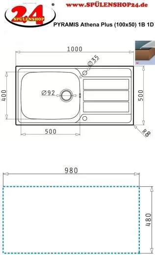 PYRAMIS Kchensple Athena Plus (100x50) 1B 1D Einbausple / Edelstahlsple Siebkorb als Drehknopfventil