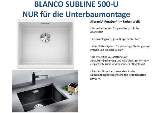 ✅ BLANCO Subline 500-U Silgranit PuraDurII Granitsple / Unterbaubecken Ablaufsystem InFino Farbe: Wei