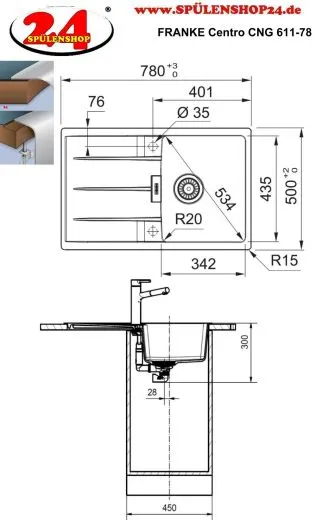 FRANKE Kchensple Centro CNG 611-78 Fragranit+ Einbausple / Granitsple mit Siebkorb als Drehknopfventil