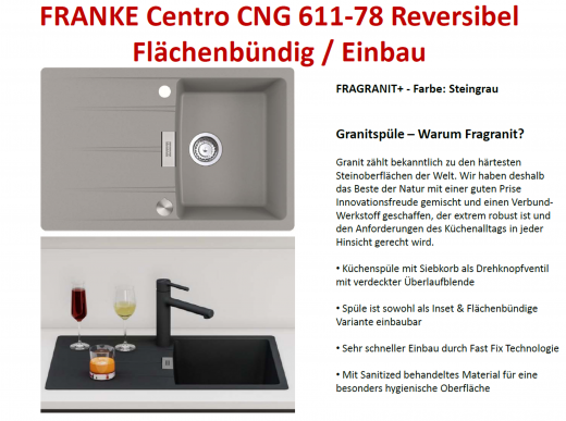 FRANKE Kchensple Centro CNG 611-78 Fragranit+ Einbausple / Granitsple Flchenbndig mit Siebkorb als Drehknopfventil