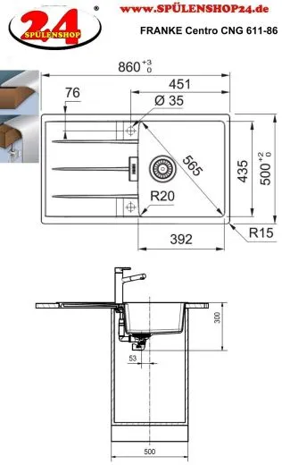 FRANKE Kchensple Centro CNG 611-86 Fragranit+ Einbausple / Granitsple mit Siebkorb als Drehknopfventil