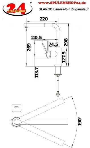 BLANCO Kchenarmatur Lanora-S-F Edelstahl massiv Einhebelmischer mit Zugauslauf Auslauf schwenkbar zur Vorfenstermontage