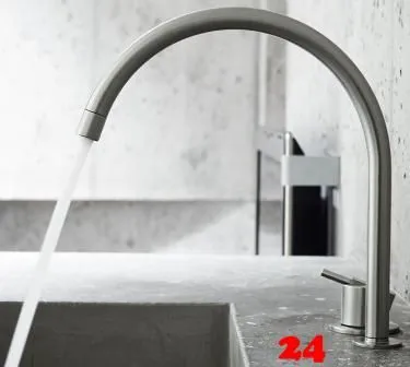 VOLA Kchenarmatur 590H-19 Messing poliert Spltischmischer / Zweilocharmatur mit Eingriffmischer und Schwenkauslauf